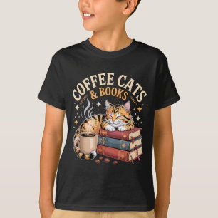 Cozy Reading Cat Coffee And Books Lover Artwork  T-Shirt