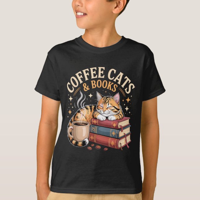 Cozy Reading Cat Coffee And Books Lover Artwork  T-Shirt (Front)