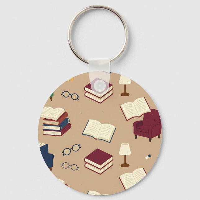 Cozy Reading Nook Books Pattern Key Ring (Front)