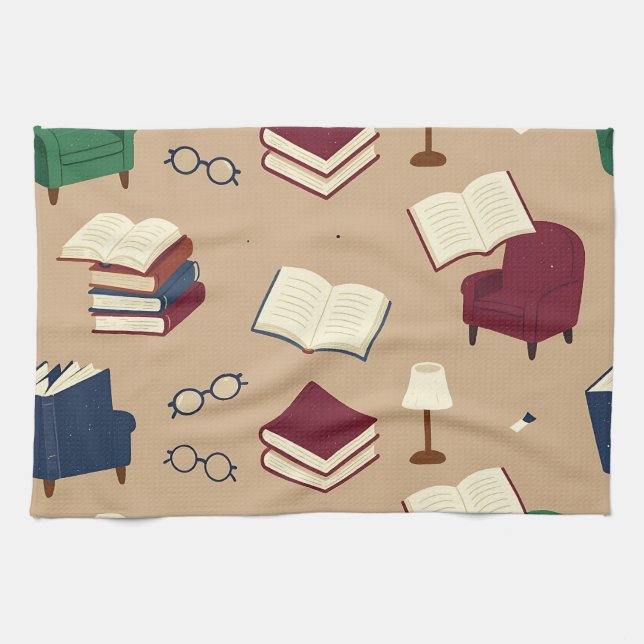 Cozy Reading Nook Books Pattern Tea Towel (Horizontal)