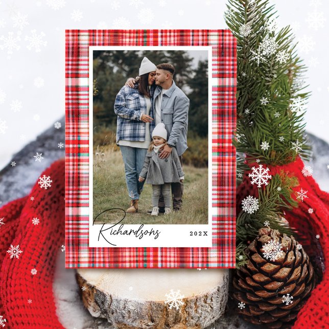 Cozy Red and White Plaid Flannel Family Photo Holiday Card (Cozy Red and White Plaid Flannel Family Photo Holiday Card)