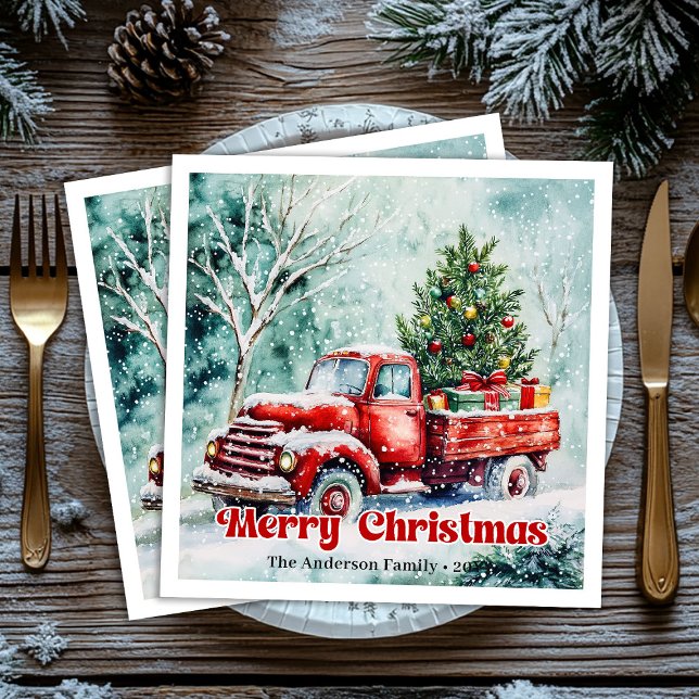 Cozy red truck Christmas scene rustic party napkin (Cozy red truck Christmas scene rustic party napkins)