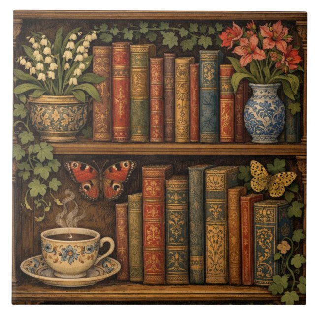 Cozy retro book shelf botanical coffee tea lover tile (Front)