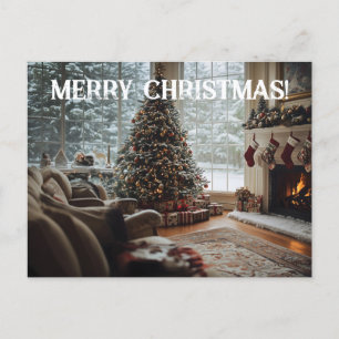 Cozy Room Christmas ,Fireplace, Tree and Stockings Postcard