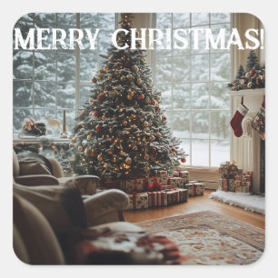Cozy Room Christmas ,Fireplace, Tree and Stockings Square Sticker