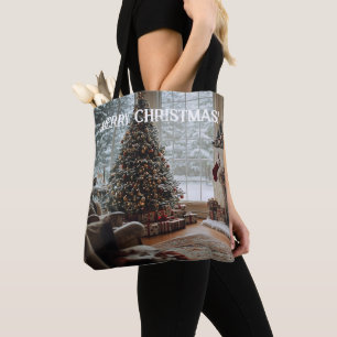 Cozy Room Christmas ,Fireplace, Tree and Stockings Tote Bag