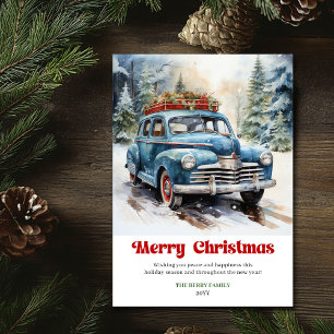 Cozy rustic Christmas scene old fashioned car Holiday Card