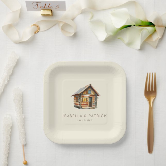 Cozy Rustic Watercolor Cabin Paper Plate (Wedding)