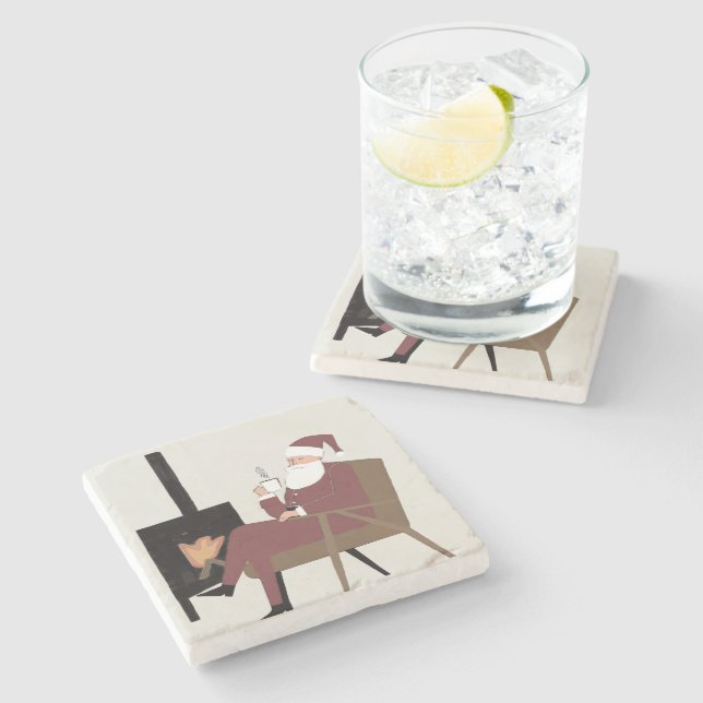 Cozy Santa Fireplace Pattern Marble Coasters Set (Side)