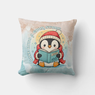 Cozy Scholar Penguin Reading Book Throw Pillow
