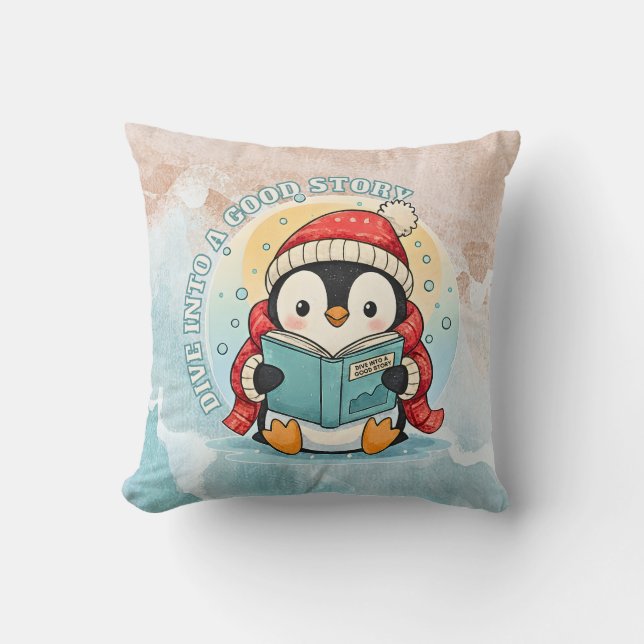Cozy Scholar Penguin Reading Book Throw Pillow (Front)