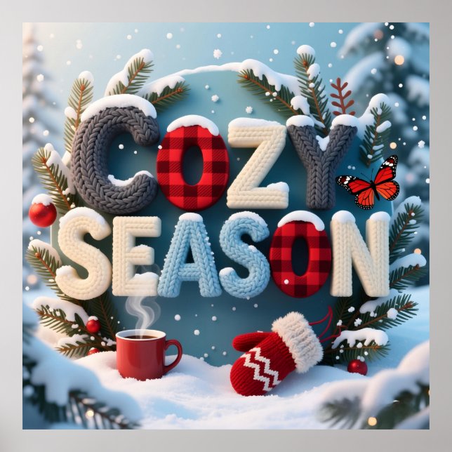 "Cozy Season" Winter Knit & Plaid Typography Snowy Poster (Front)