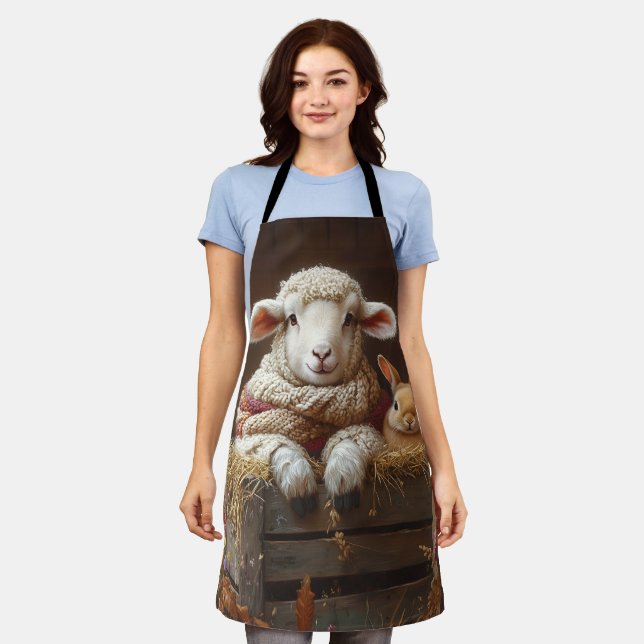 Cozy Sheep and Rabbit in Barn with Flowers Apron (Worn)