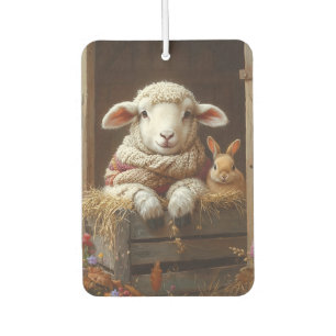 Cozy Sheep and Rabbit in Barn with Flowers Car Air Freshener