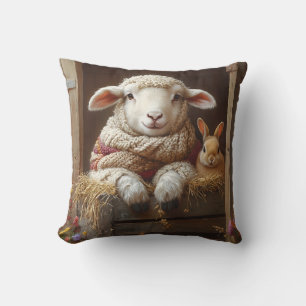 Cozy Sheep and Rabbit in Barn with Flowers Cushion