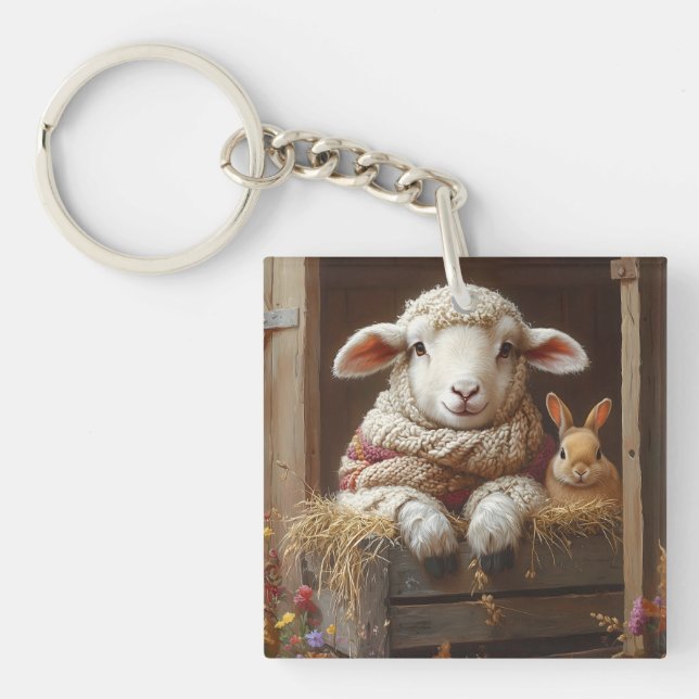 Cozy Sheep and Rabbit in Barn with Flowers Key Ring (Front)