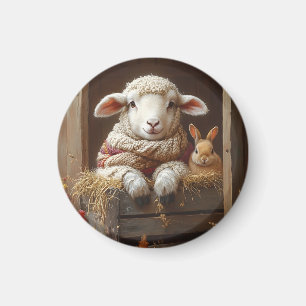 Cozy Sheep and Rabbit in Barn with Flowers Magnet