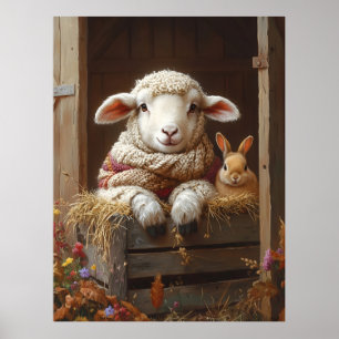Cozy Sheep and Rabbit in Barn with Flowers Poster