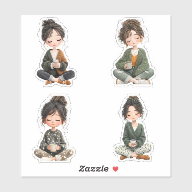 Cozy Sitting Chibi Girl Coffee Sticker Sheet (Sheet)