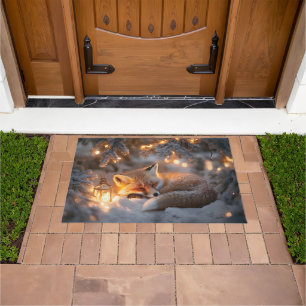 Cozy Sleeping Fox Under Snowy Branches Doormat