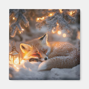 Cozy Sleeping Fox Under Snowy Branches Magnet