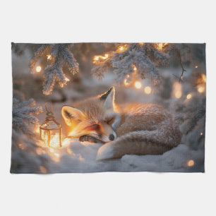 Cozy Sleeping Fox Under Snowy Branches Tea Towel