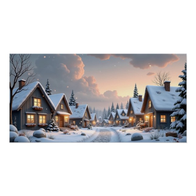 Cozy Snow Village at Dusk – Winter Wall Art (Front)