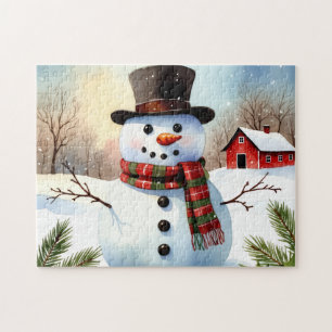 Cozy Snowman Farm Watercolor Christmas Jigsaw Puzzle