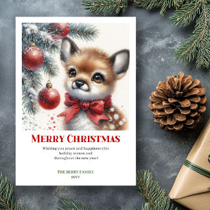 Cozy Snowy Forest Fawn Watercolor Christmas Card 