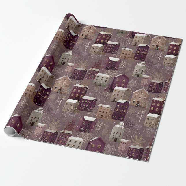 Cozy Snowy Winter Village Pattern (1) Wrapping Paper (Unrolled)