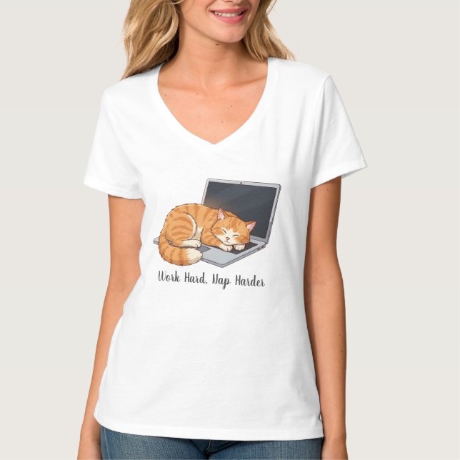 Cozy Tabby on Laptop T-Shirt (Front)