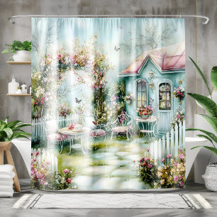 Cozy Teal & Pink Cottage Floral Shower Curtain