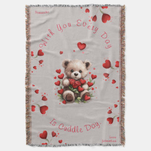 Cozy Teddy Bear Love Hearts & Roses Valentines Day Throw Blanket