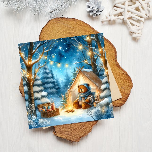 Cozy Teddy Bear Seasonal Flat Square Holiday Card (Creator Uploaded)