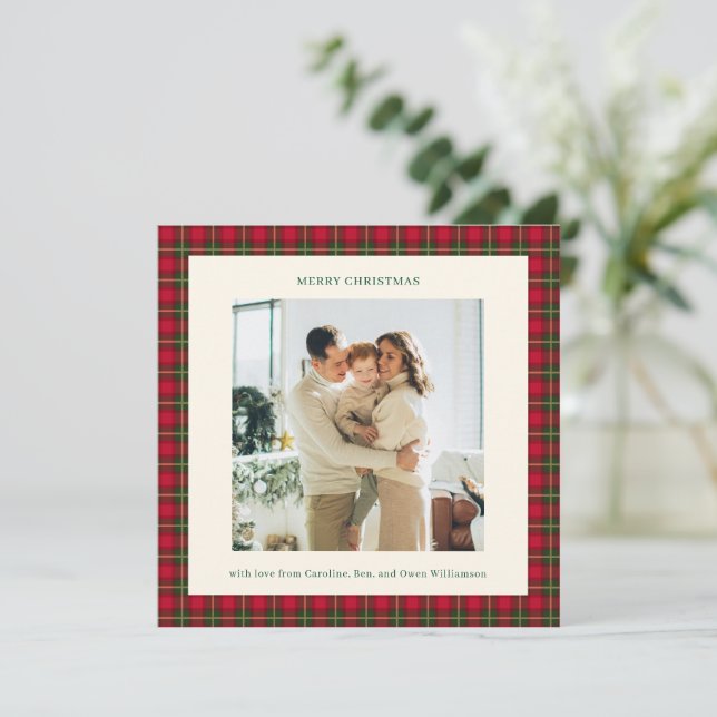 Cozy Traditional Red Plaid Christmas Photo Classic Holiday Card (Standing Front)