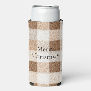 Cozy Warm Brown Cream Plaid Stripes Christmas Seltzer Can Cooler
