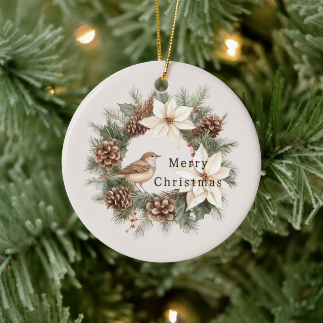 Cozy Warm Christmas Poinsettia Pine Cones Bird Ceramic Tree Decoration (Tree)