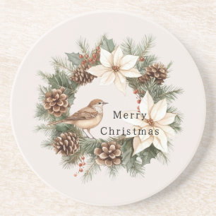 Cozy Warm Christmas Poinsettia Pine Cones Bird Coaster