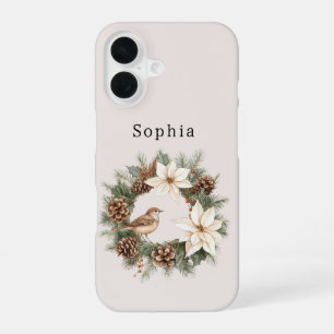 Cozy Warm Christmas Poinsettia Pine Cones Bird iPhone 16 Case