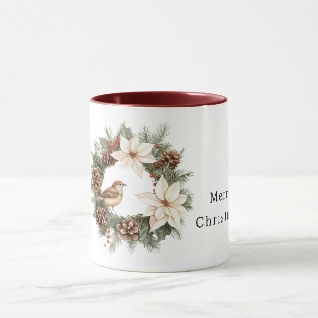 Cozy Warm Christmas Poinsettia Pine Cones Bird Mug (Center)