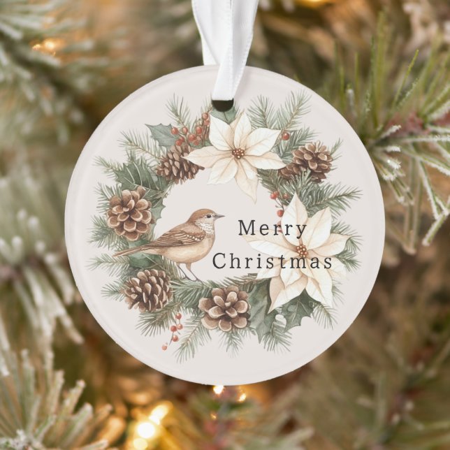 Cozy Warm Christmas Poinsettia Pine Cones Bird Ornament (Tree)