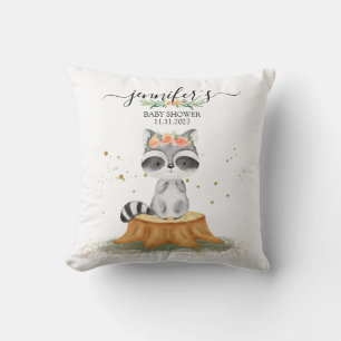 Cozy Warm Gray Watercolor Raccoon Baby Shower Cushion