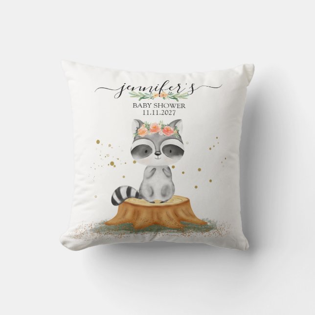 Cozy Warm Gray Watercolor Raccoon Baby Shower Cushion (Front)