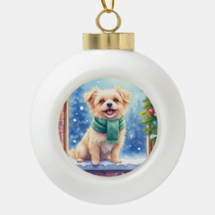 Cozy Watercolor Affenpinscher Christmas Snowy Ceramic Ball Christmas Ornament