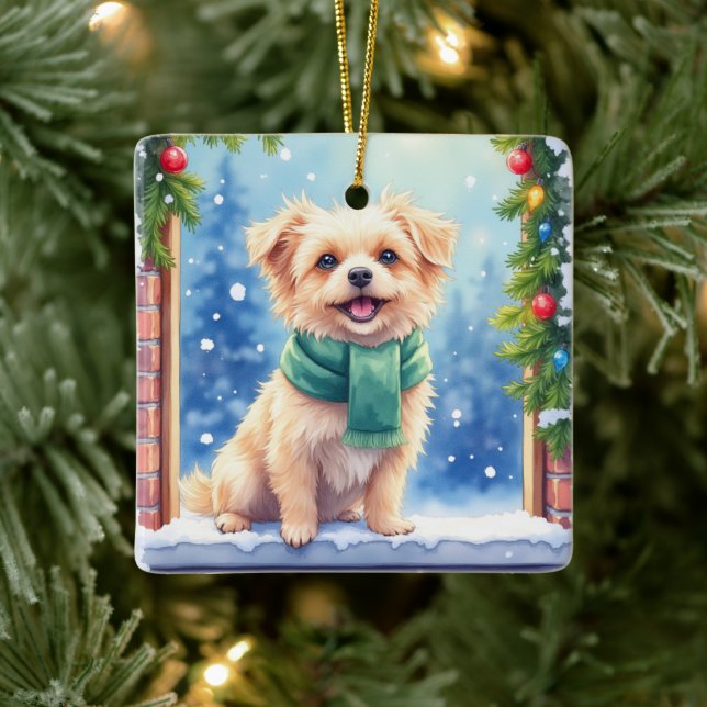 Cozy Watercolor Affenpinscher Christmas Snowy Ceramic Ornament (Tree)