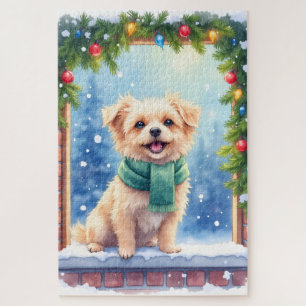 Cozy Watercolor Affenpinscher Christmas Snowy Jigsaw Puzzle