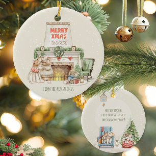 Cozy Watercolor Mice Vintage Family Christmas Fire Ceramic Tree Decoration