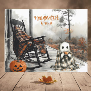 Cozy White Ghost Rustic Fall Porch Halloween Vibes Holiday Postcard