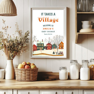 Cozy Winter Baby Shower Welcome Snowy Village Poster