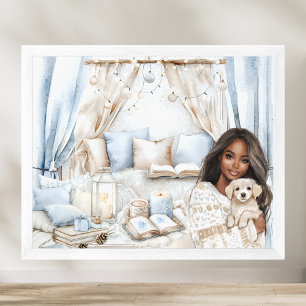 Cozy Winter Blue Bedroom Black Teen Girl & Puppy Poster